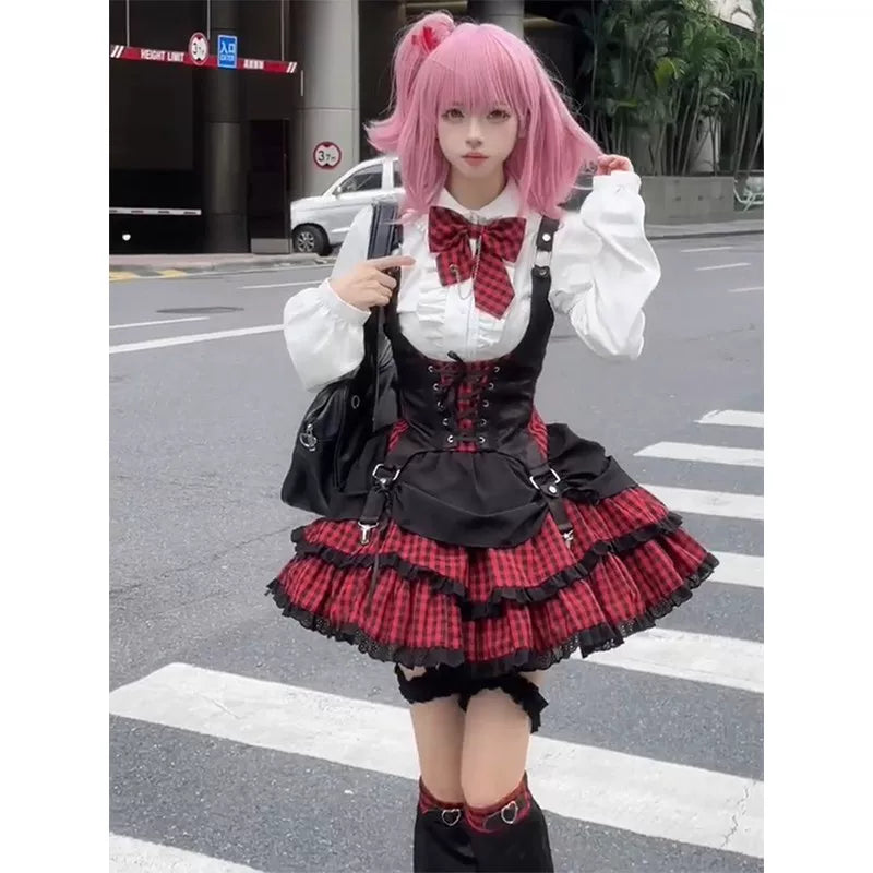 Creamy - Rock Plaid Idol - Red Plaid Lolita Outfit Set with Black Vest