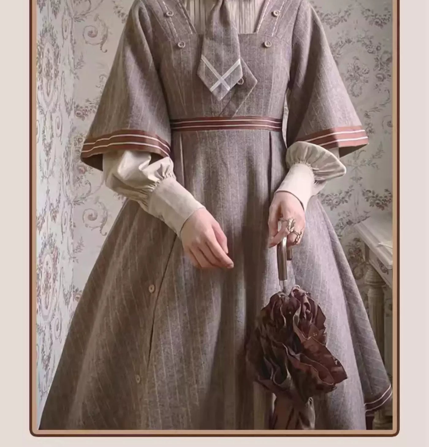 Baozi Pig - Detective Era - One-Piece Dress and Woolen Coat Set with Pinstripes