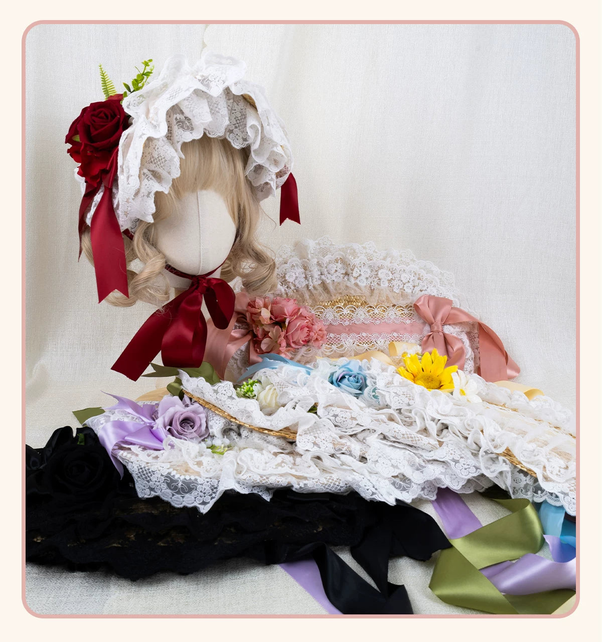 Stardust Rose - Garden Lace Bow - Flat Straw Hat with Lace Trim and Large Bow