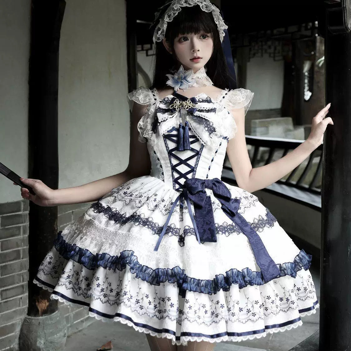 Sweetheart Dream Machine - Blue-and-White Porcelain - Blue JSK with lace ruffles