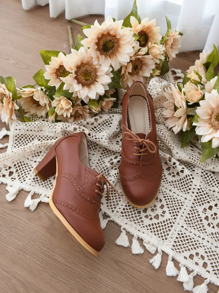 Sentaro - Retro Lolita Heel Shoes Handmade - Perforated Strap Leather Shoes Shoes