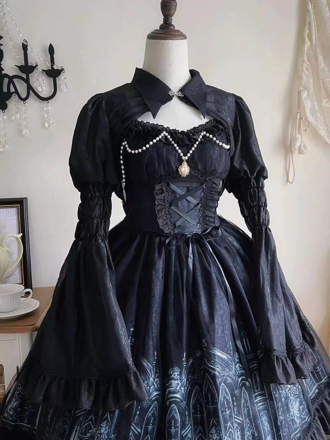 Sweetheart Dream Machine - Silent Night Cathedral - Black JSK Dress with Gothic Cathedral Print