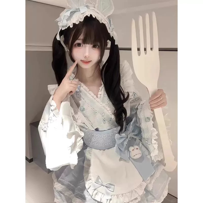 Creamy - Blue V-Neck Maid - Blue Japanese-style Lolita fashion set with hairband