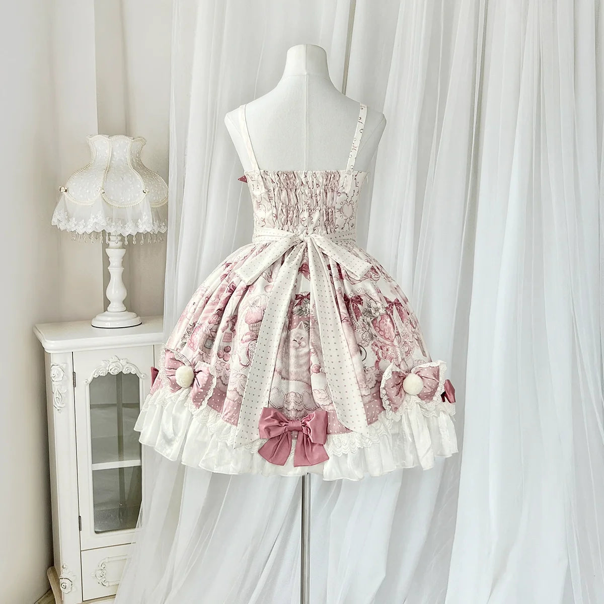 Matutu - Dessert Catlets - Sweet Lolita JSK dress and faux-fur collar cape set with cat and strawberry prints - product detail 5
