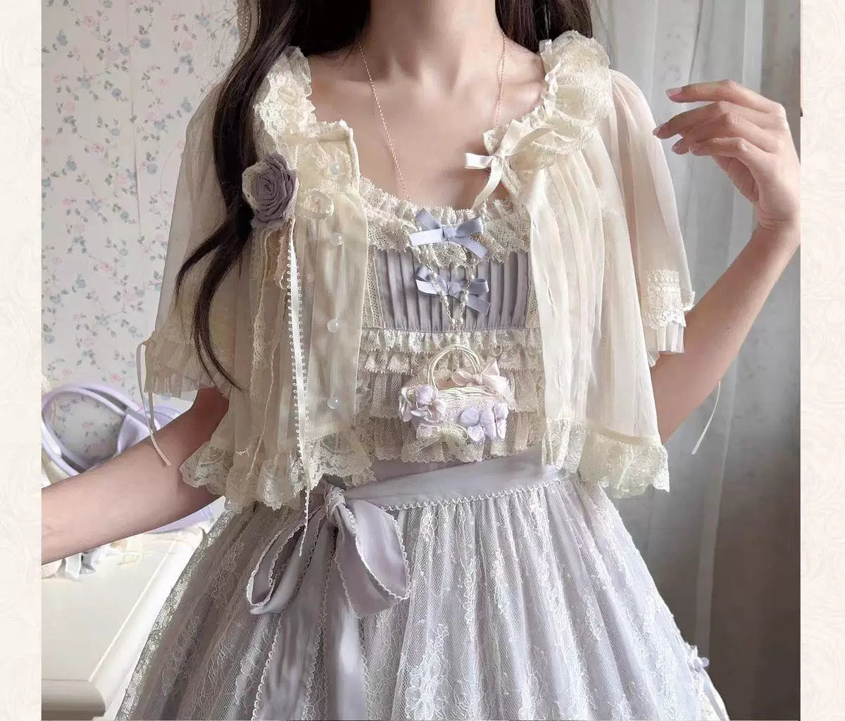 Sweetheart Dream Machine - Chiffon Lace - Two-Way Lace-Trimmed Cardigan with Sheer Sleeves