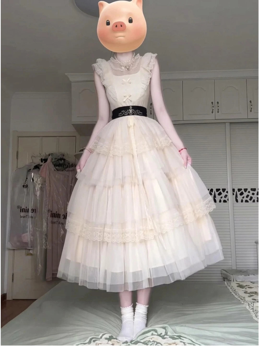 Creamy - Ivory Lace Layers - OP Dress and Waist Belt Set with Scalloped Lace Trim