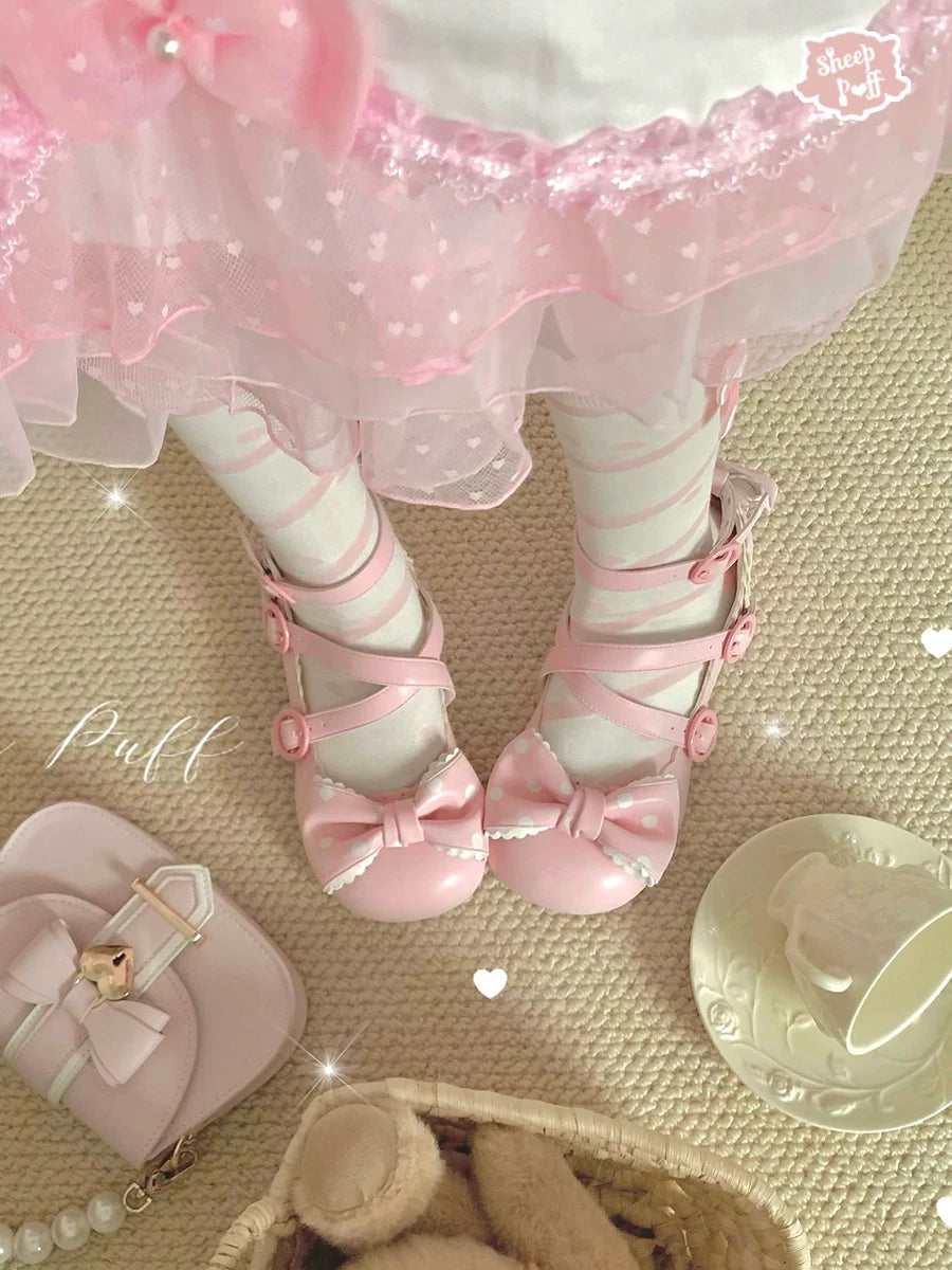 Sheep Puff Lolita shoes featuring mid-low heels and plush sheep puff design, perfect for cute, stylish outfits.