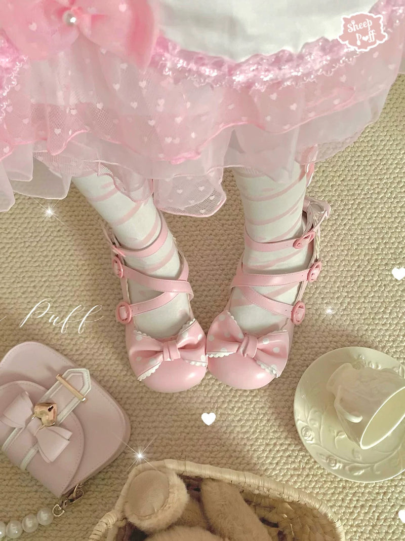 Sheep Puff Lolita shoes featuring mid-low heels and plush sheep puff design, perfect for cute, stylish outfits.
