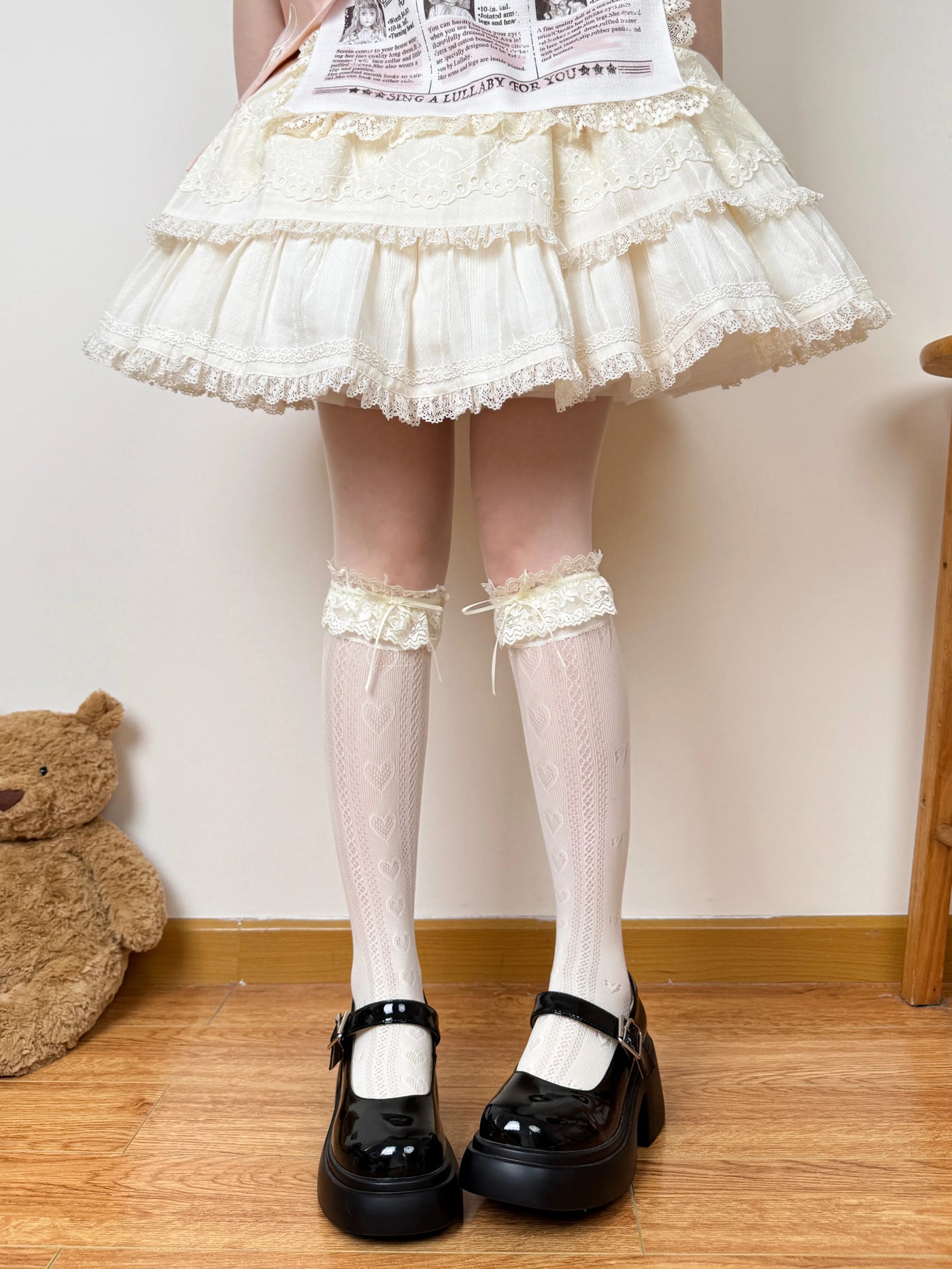 Chubby Bear Tales - Edith - Openwork Mid-Calf Socks with Lace Cuffs and Bows