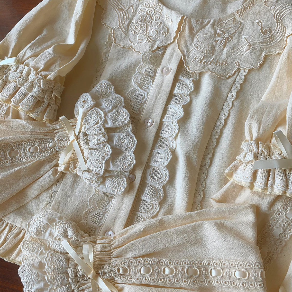 Flower Banquet - Bunny Embroidery - Kawaii Lolita cotton blouse with a doll-like collar - product detail 8