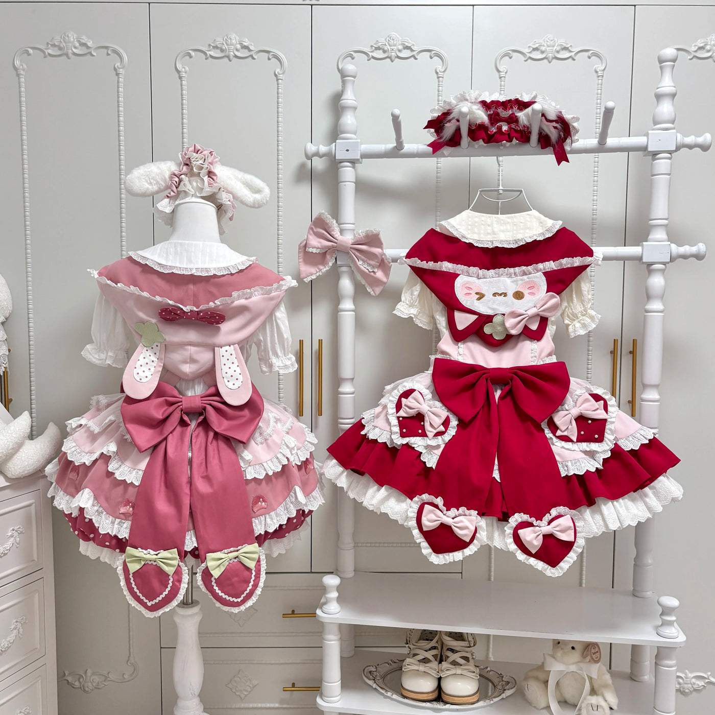 Jelly Girl - Strawberry Bunny & Strawberry Cat - JSK dress with layered ruffles and character motifs