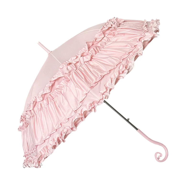 Independent Brand - Heart-Handle Ruffle - Lolita umbrella with layered ruffle trim