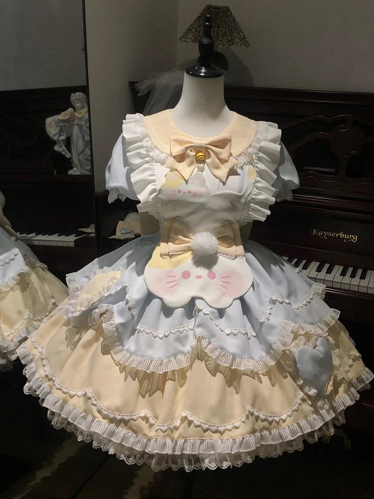 Sweet Tea Girl sweet Lolita yellow short sleeve OP dress with tiered skirt and white lace trim displayed on a mannequin