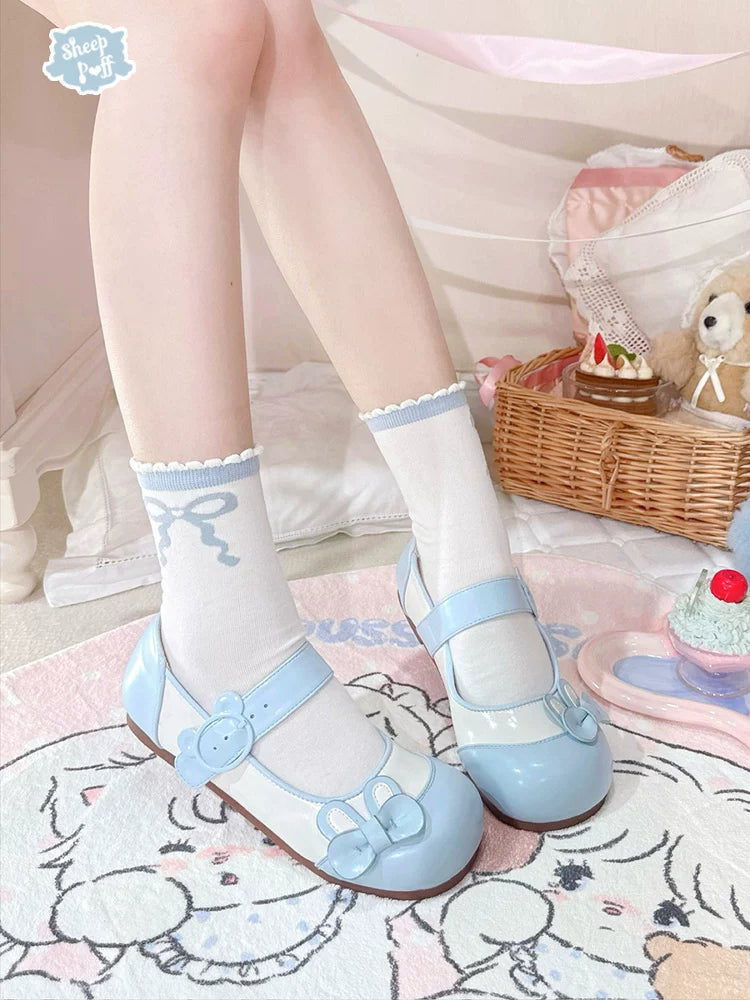 Sheep Puff Bunny Milk Candy low heel Lolita shoes with cute sheep and bunny design, featuring pastel colors and decorative bows.