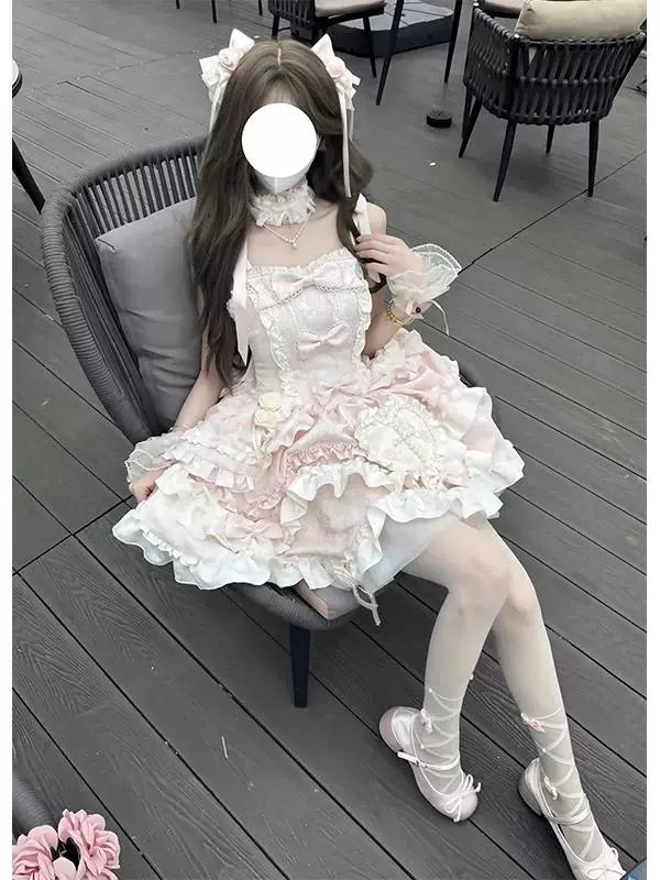 Creamy - Pink Gothic Frill - Pink JSK Dress with Layered Ruffles