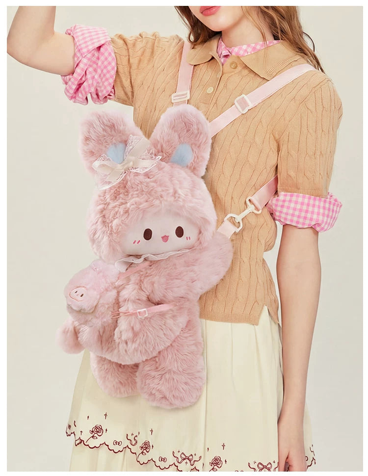 LambGuli Pink Rabbit plush bag worn as a backpack