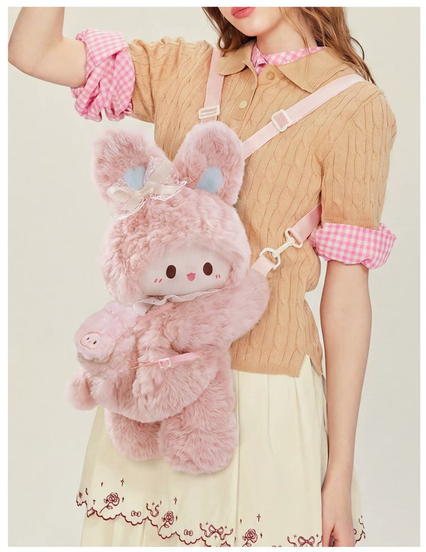 LambGuli Pink Rabbit plush bag worn as a backpack