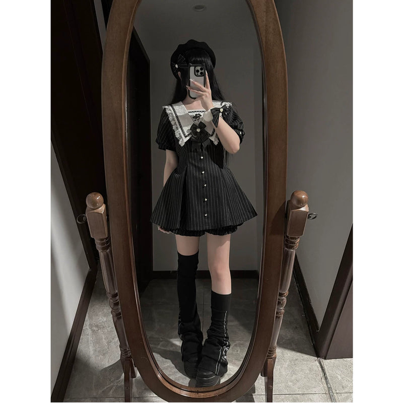 Creamy - Pinstripe Ribbon - Black One-Piece Dress and Shorts Set with White Lace Collar