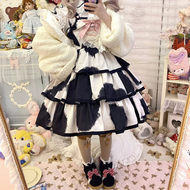Tata Long Ear - Milk Cake Cow Print - Cow-Print JSK Dress with Three-Section Skirt
