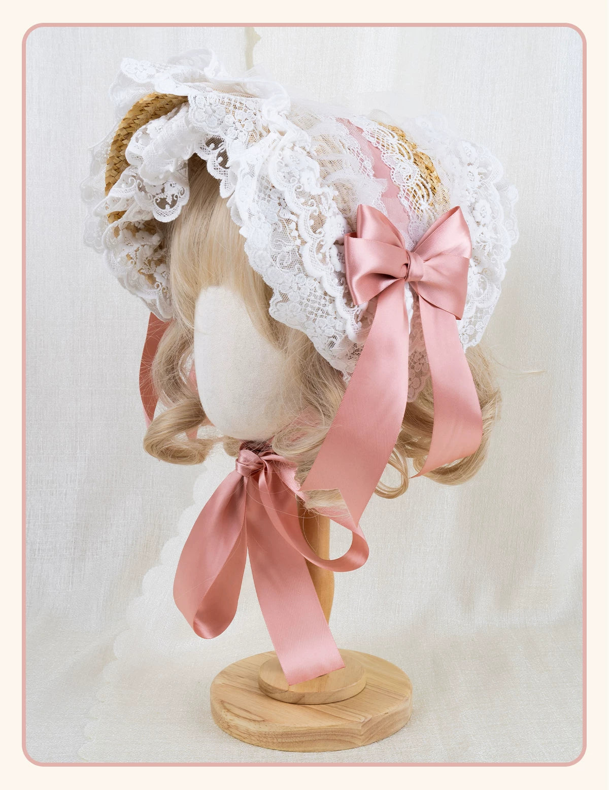 Stardust Rose - Garden Lace Bow - Flat Straw Hat with Lace Trim and Large Bow