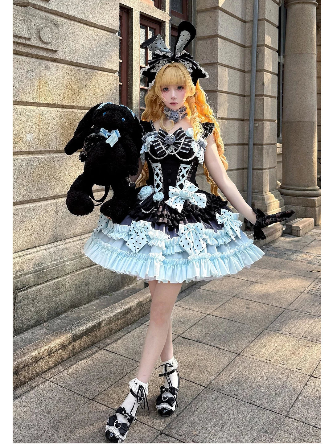 Creamy - Future Color - Black-and-light-blue JSK dress set with polka-dot bows