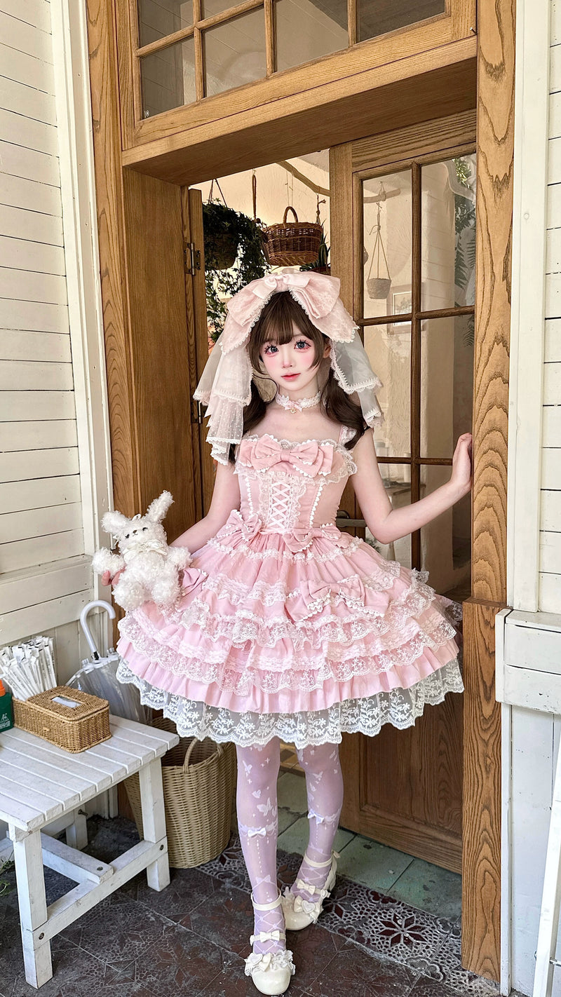 Pink YoYo Sea Salt Guava sweet Lolita JSK with satin chest bow and lace trim