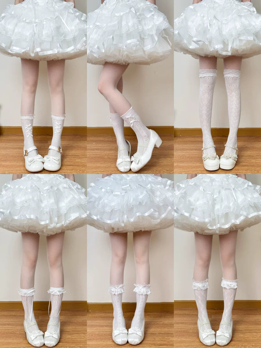 White lace socks shown in a multi-view collage beneath a white skirt.
