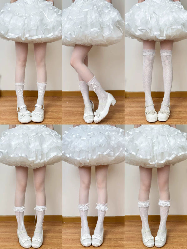 White lace socks shown in a multi-view collage beneath a white skirt.