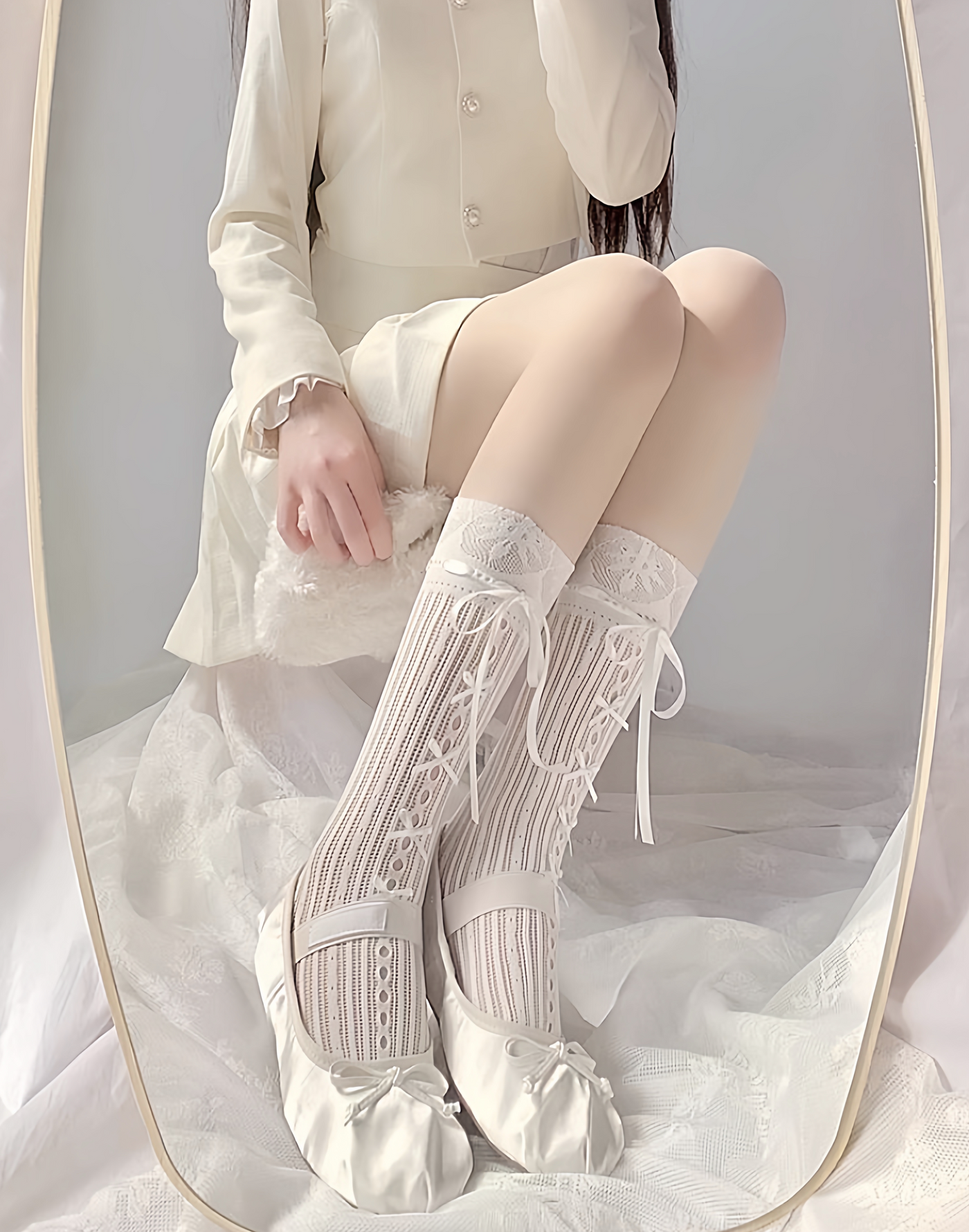 Fantasy Doll - Lace Bow Layering - Mid-Calf Socks with Lace Cuffs and Ribbon Ties