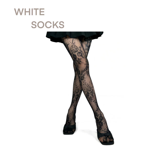 White Socks black and grey jacquard lace fishnet tights shown in close-up