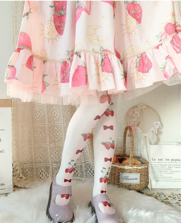 roji roji - Strawberry Ribbon - 120D Printed Tights with Strawberry and Bow Motifs