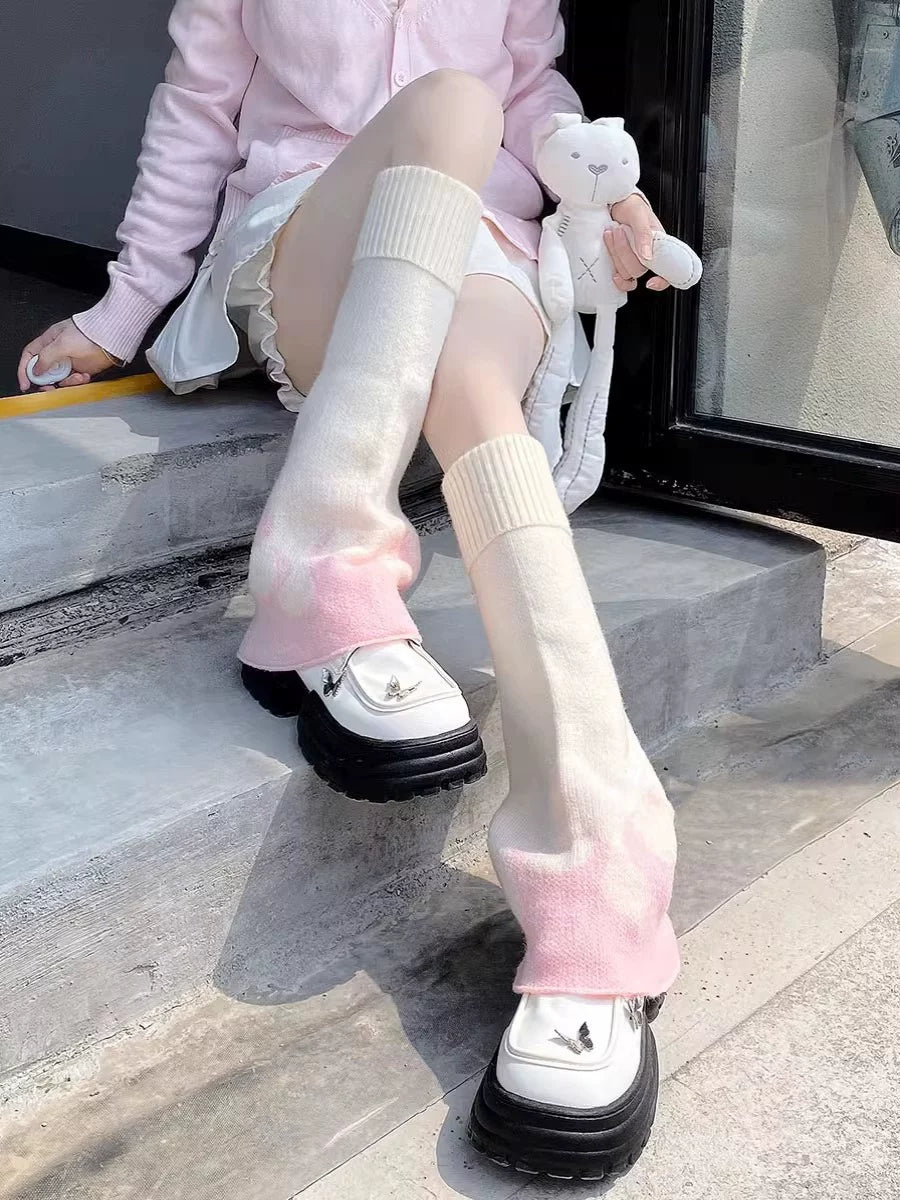 Floral Milk Cat - Soft Color Block - Knit Slouch Leg Warmers with Ribbed Cuffs