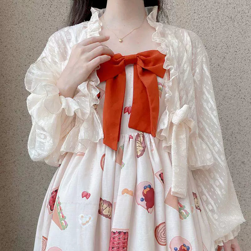 Sweetheart Dream Machine - Sheer Bow - Short Chiffon Cardigan with Ruffled Sleeves