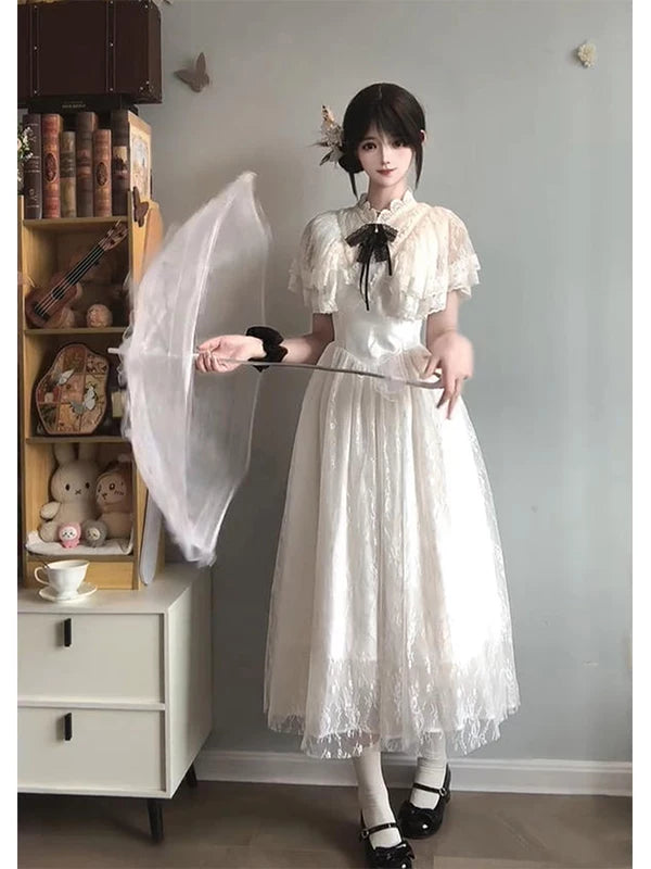 Creamy - Clear White - White OP dress with lace embroidery