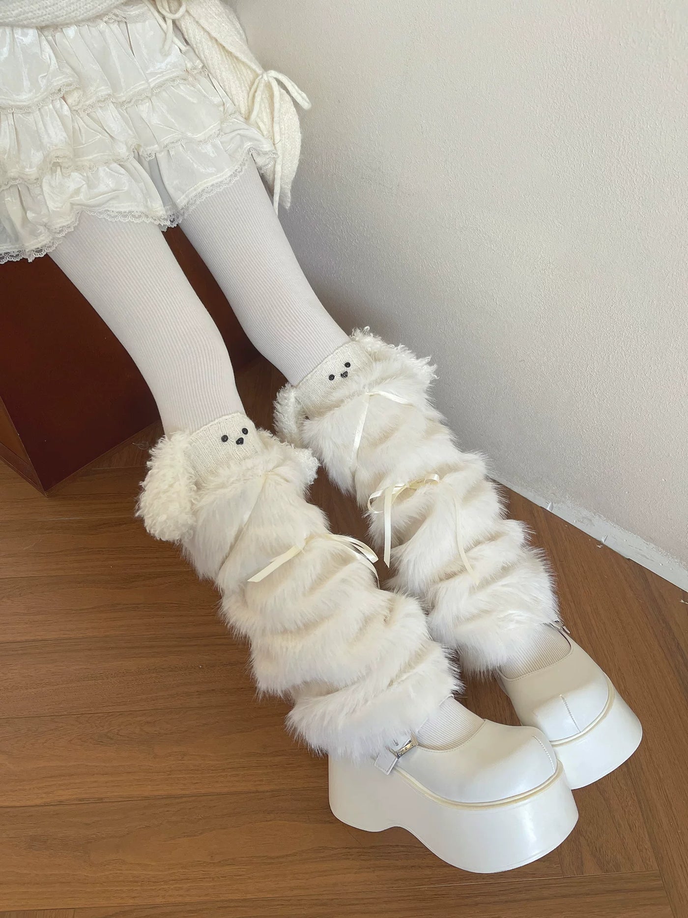Sock Noble - Big-Eared Dog Layers - White sock covers and fine-striped pantyhose with optional fur trim