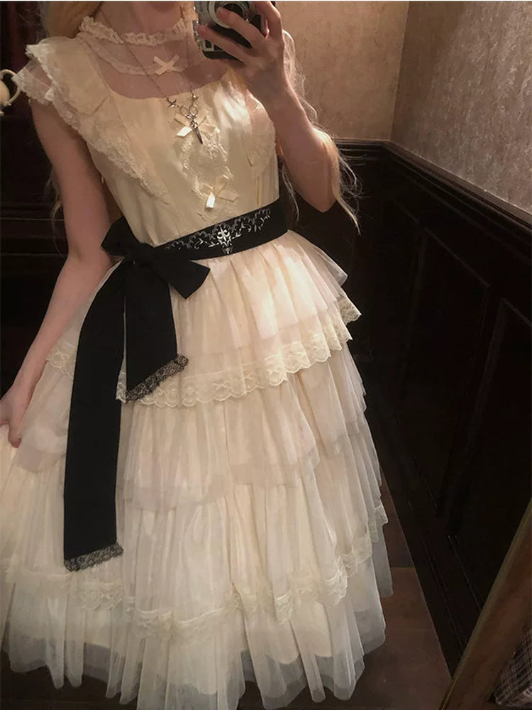 Creamy - Ivory Cake Layers - OP Dress with Lace-Trimmed Tiered Skirt