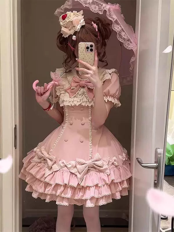 Creamy - Pink Stripe Cake - Pink Striped Lolita Dress with Tiered Ruffles