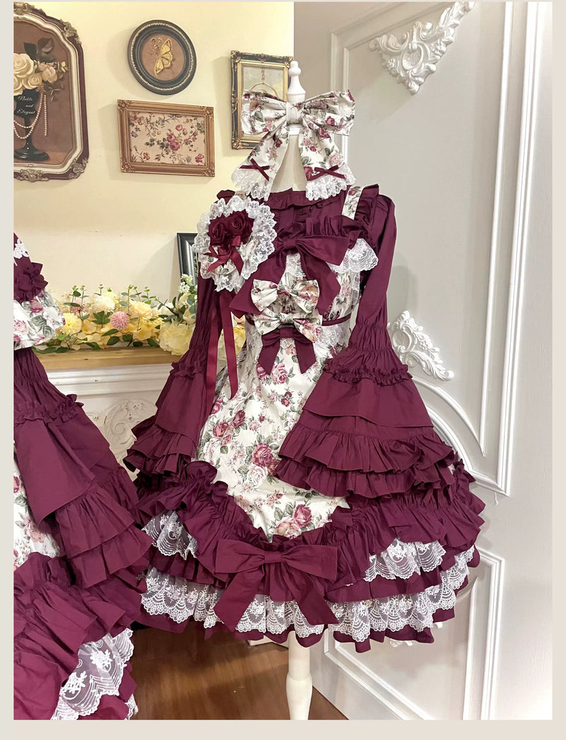 Tata Long Ear - Burgundy Roses - JSK Dress with Pale Rose Print and Tiered Ruffles