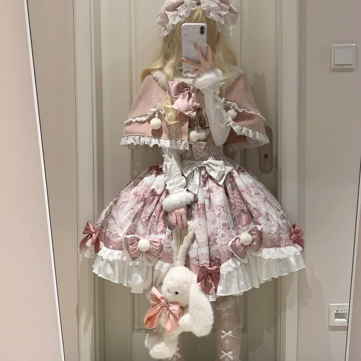 Matutu - Dessert Catlets - Sweet Lolita JSK dress and faux-fur collar cape set with cat and strawberry prints - product detail 3