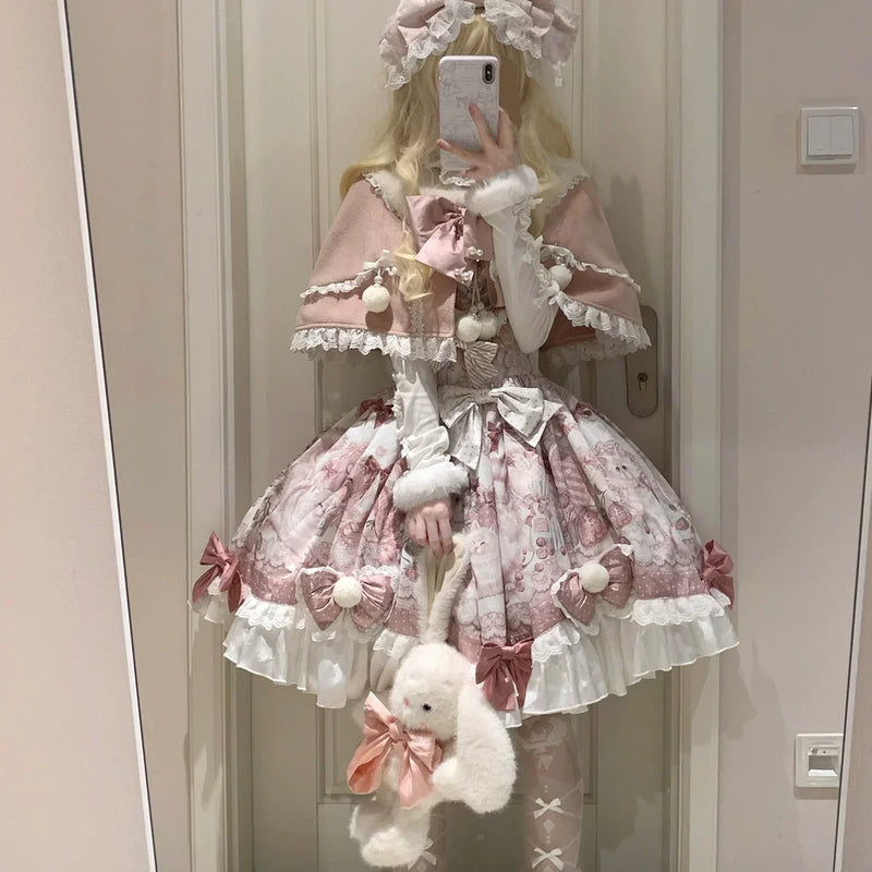 Matutu - Dessert Catlets - Sweet Lolita JSK dress and faux-fur collar cape set with cat and strawberry prints - product detail 3