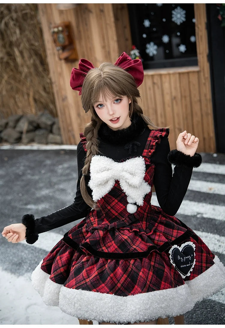 With PUJI - Snow Night Serenade - Fluffy Plaid Kawaii Lolita JSK, Reversible Cape