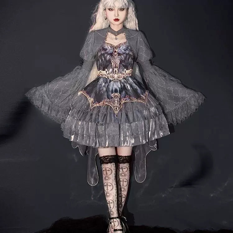 Grey layered one-piece dress with feather-like bodice detailing and an optional shawl