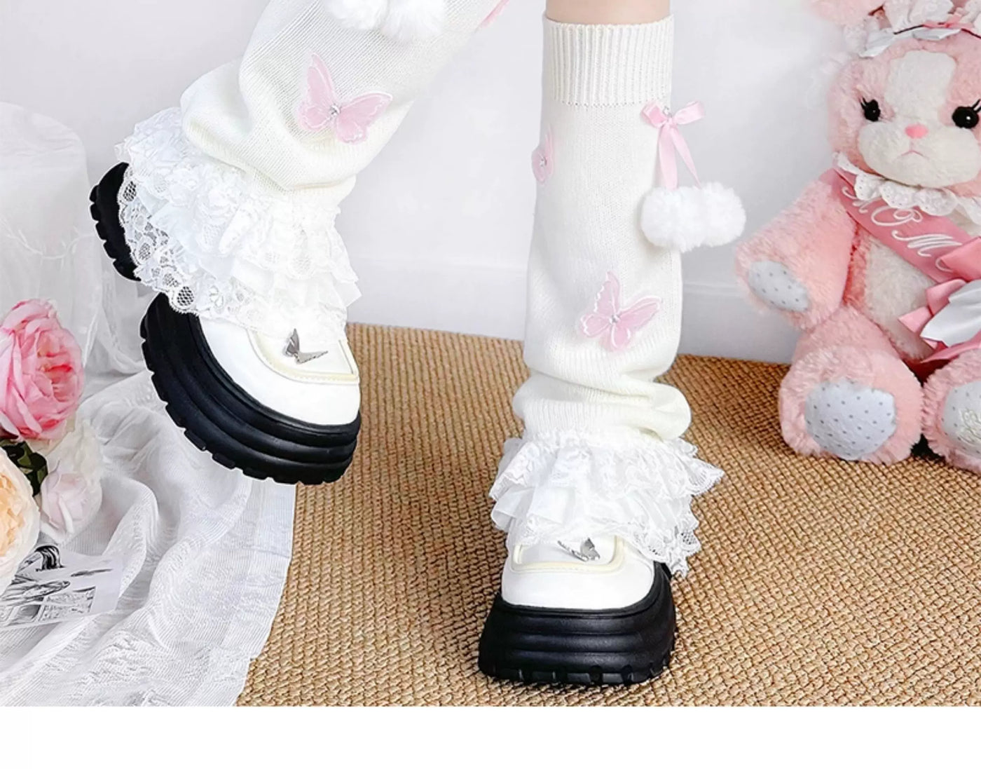 Floral Milk Cat - Butterfly Pom-Pom - Knit Leg Warmers with Lace Ruffles