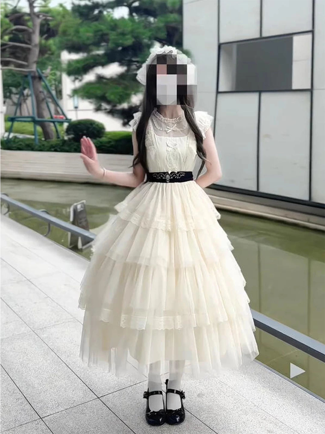 Creamy - Cream Lace - Cream One-Piece Dress with Tiered Lace Skirt and Waist Belt