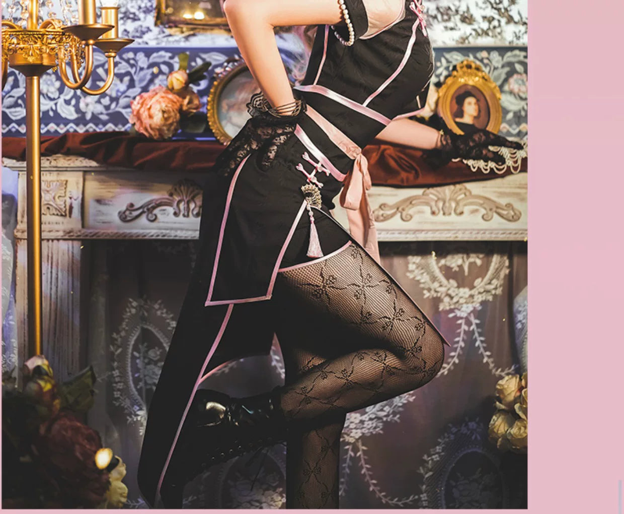 Baozi Pig - Embroidered Qipao - Black OP Dress with Pale Bamboo Embroidery