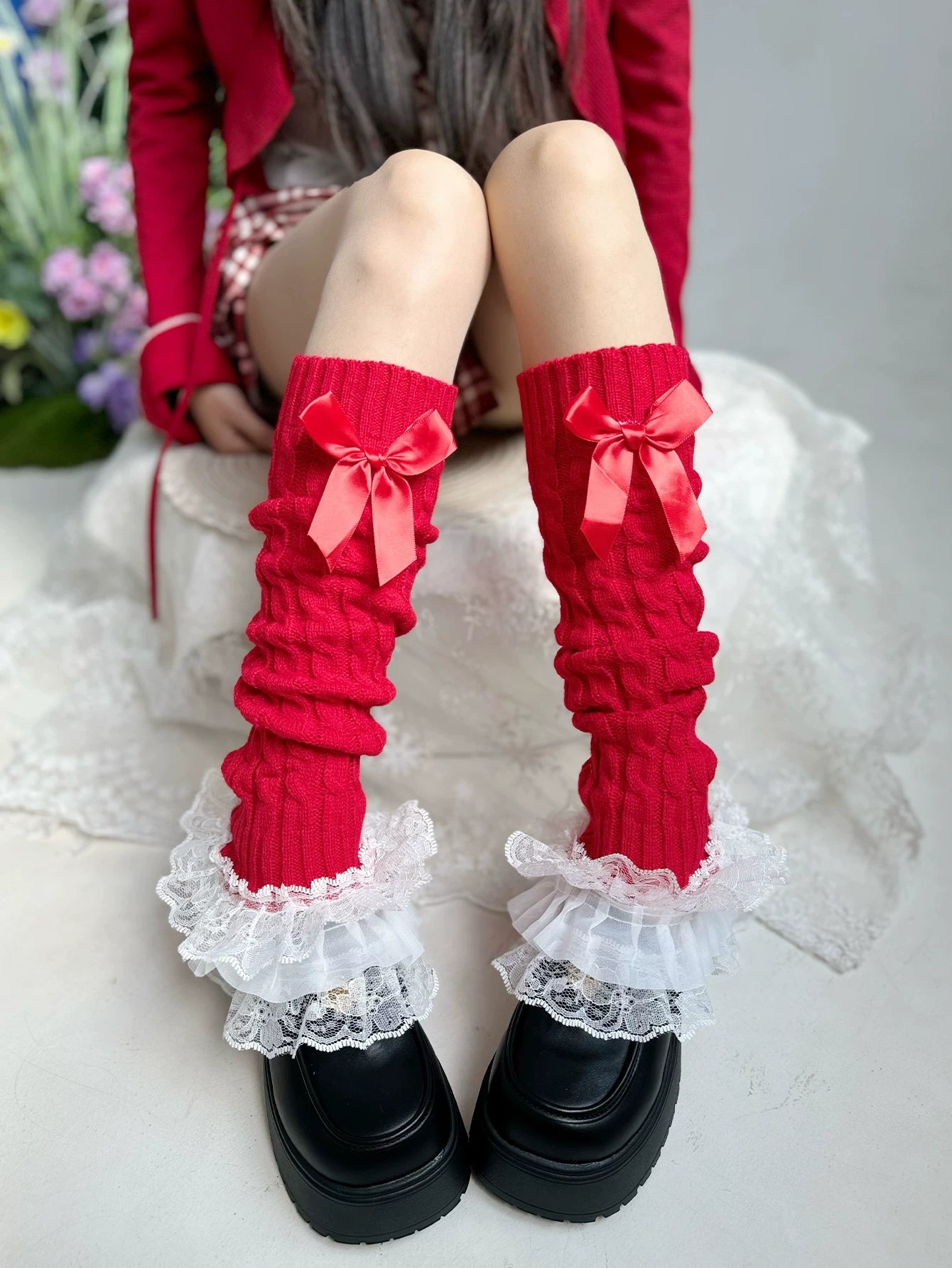 Fantasy Doll - Bowed Lace Layers - Knit Mid-Calf Leg Warmers with Lace Ruffles and Bows