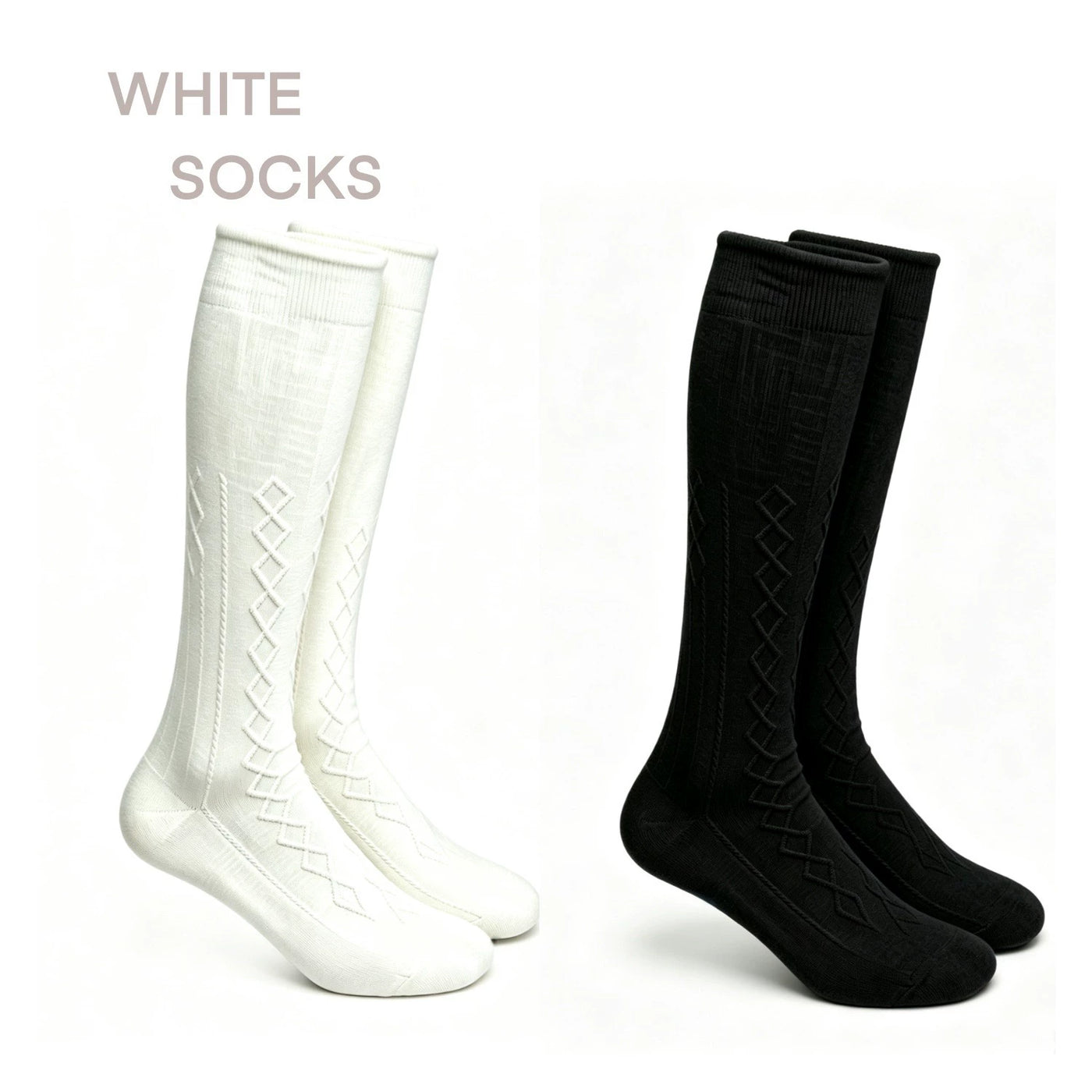 White, black, and grey diamond-knit mid-calf socks shown in product and styled views