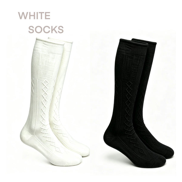 White, black, and grey diamond-knit mid-calf socks shown in product and styled views