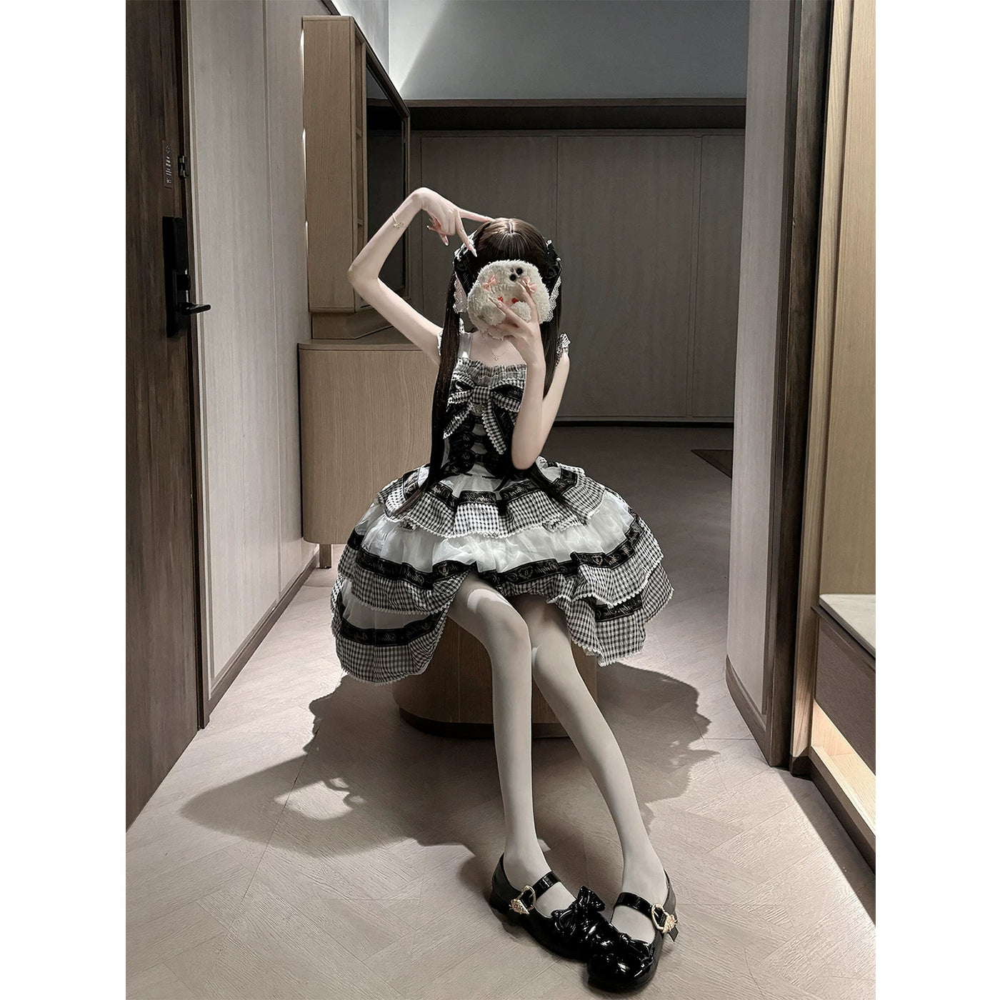 Creamy - Gingham Ribbon Noir - Black-and-white check OP dress with tiered ruffles