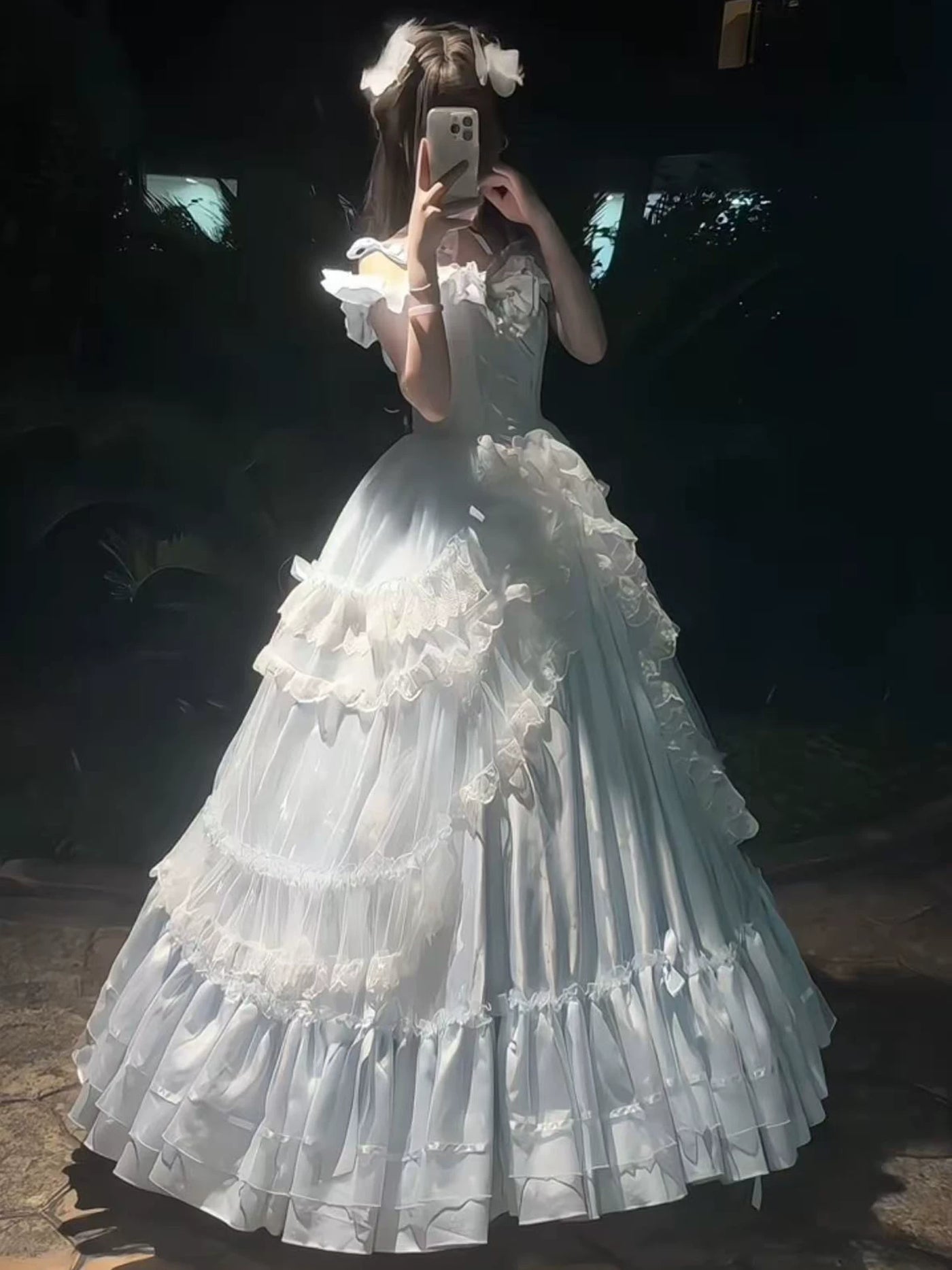 Front view of the blue formal Lolita dress with sweetheart neckline and waist bow
